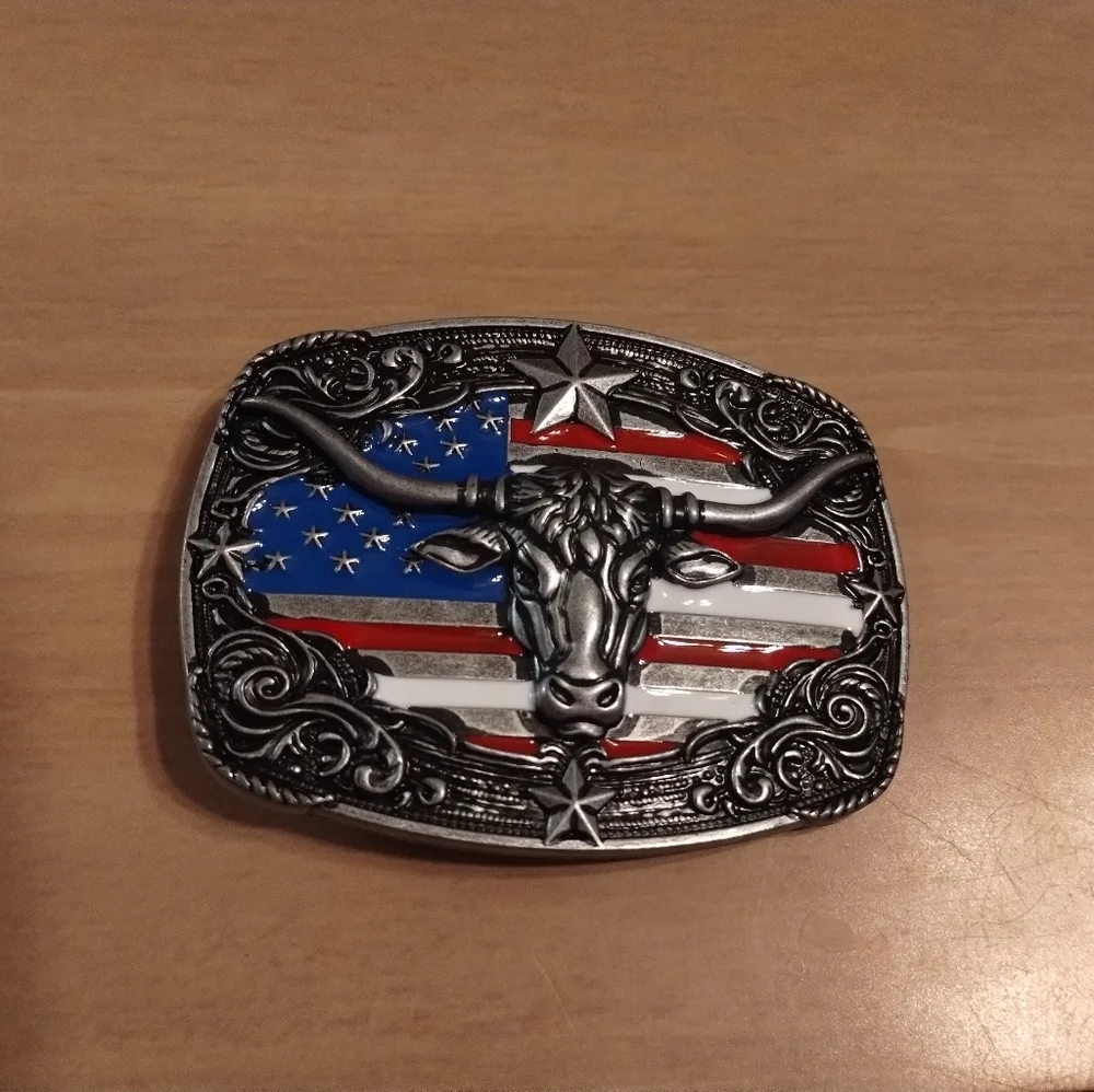 NEW Western Longhorn Bull Belt Buckle American Flag USA Cowboy Rodeo